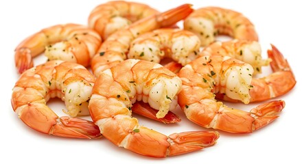 A pile of delicious cooked and seasoned shrimp, a perfect gourmet seafood appetizer isolated on a white background.