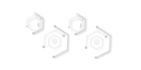 A minimalist abstract design featuring light gray hexagonal shapes interconnected by lines and dots, casting soft shadows on a white background,creating a clean,futuristic,
