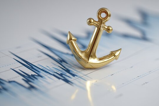 Golden anchor placed on volatile blue financial chart with sharp data spikes