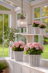 Vibrant pink geranium flowers in white pots arranged on a shelf in a bright sunlit room, creating a cheerful and inviting atmosphere with natural light streaming in