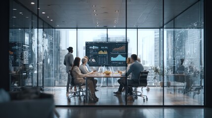 Diverse professionals in modern glass conference room meet around large table with data charts displayed, one person confidently presenting under natural sunlight with cinematic lighting detail