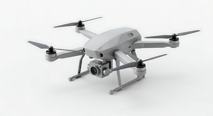 A modern grey quadcopter drone with a mounted gimbal camera, an unmanned aerial vehicle for photography, isolated on a white background.