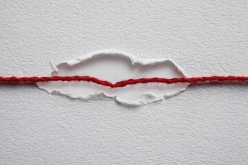 Red Yarn Thread Passing Through Torn White Paper