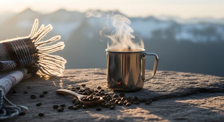 Steaming hot coffee in metal mug with scattered beans and cozy blanket evokes warmth and adventure during a crisp mountain sunrise