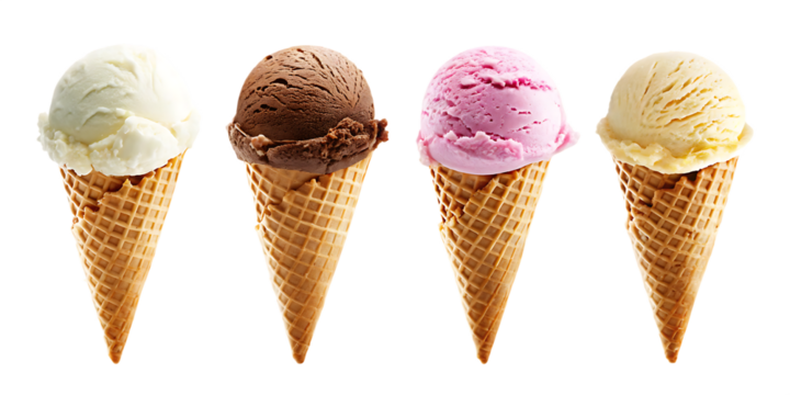  set of Four ice cream cones isolated on a transparent background.PNG