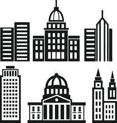 Fototapeta premium Simple black and white silhouettes of various modern and historical buildings.