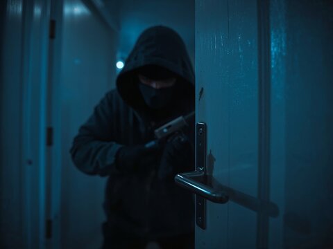 Silent intruder lurking in the shadows, armed with a pistol, poised behind a door, apprehension