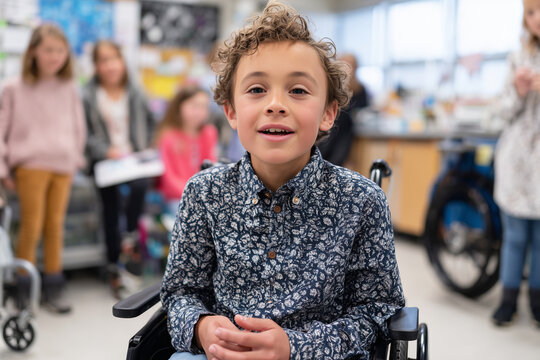 Child in wheelchair presenting science project to classmates, confident expression, inclusive space