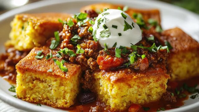 A warm and inviting cornbread casserole served on a white plate, perfect for a cozy dinner or brunch