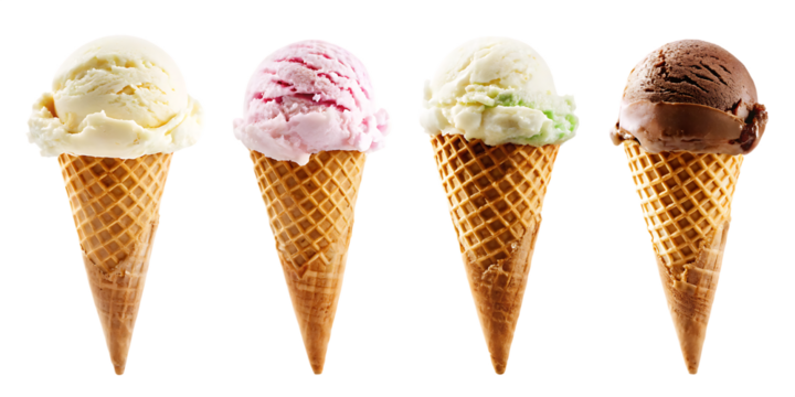 set of  ice cream cones assorted flavors isolated on a transparent background.PNG