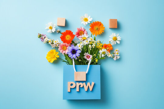Colorful flowers in a blue gift bag with wooden PRW letters on a light blue background