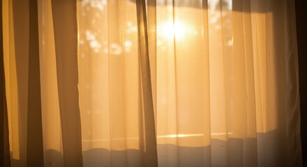 Warm sunlight filtering through sheer curtains