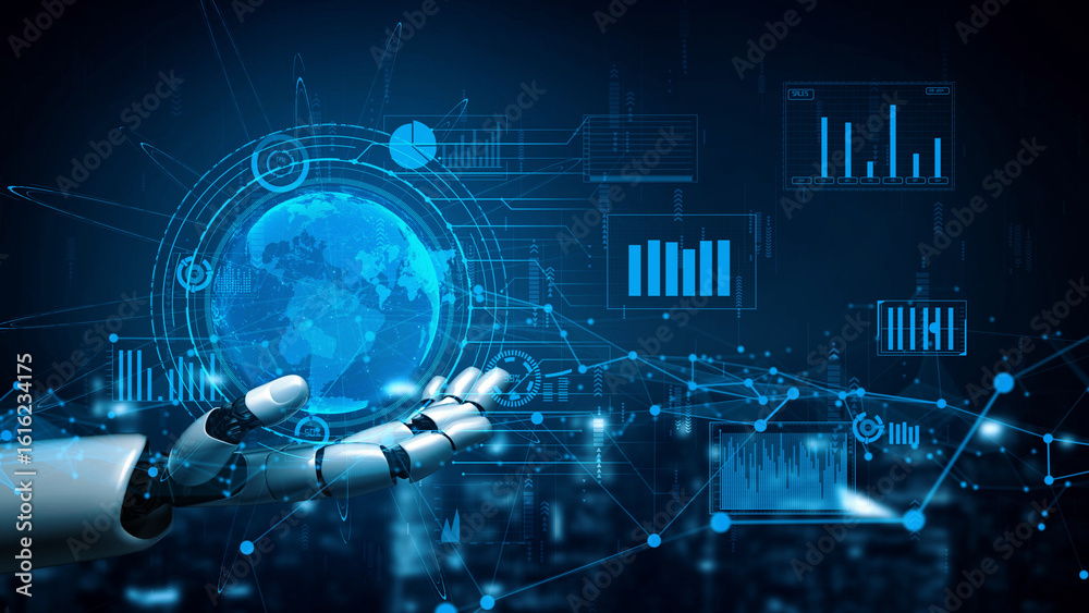 Poster a robotic hand extends towards a digital globe, surrounded by graphs and data analytics. this image 