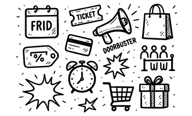 Hand-drawn shopping icons for black friday and holiday sales