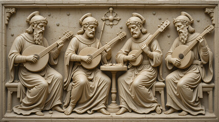 Naklejka premium Medieval musical performance: noble figures playing string instruments , bas-relief of 11th century