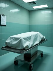 A covered body lies on a stretcher in a sterile hospital room, suggesting a medical or forensic setting.