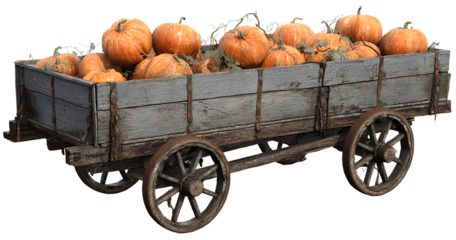  A wooden wagon filled with pumpkins, isolated on a transparent background 