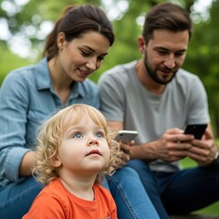 Family outdoors with technology