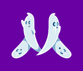 Halloween font M letter ghost cartoon cute character. Cheerful Halloween monster latin alphabet symbol, phantom personage or funny ghost character font typeset vector element. English ABC letter