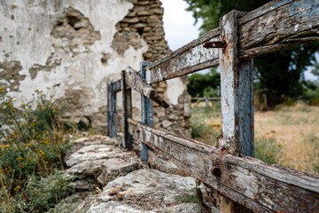 Fototapeta premium A weathered wooden fence stands before a dilapidated stone building and grassy field showing signs of age and disrepair