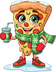 Christmas pizza character. Funny cartoon slice of pepperoni pizza wearing a winter scarf and mittens, holding a drink and standing in the snow.