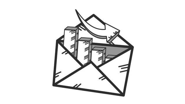 Market decline correspondence with doodle infographic style in cartoon animation. Performance drop report with envelope and downward arrow symbol. Negative trend message sign. Alpha channel.