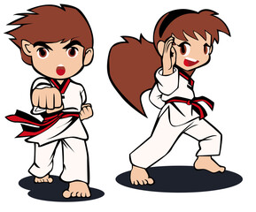 Boy and girl taekwondo players cartoon vector illustration