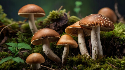 Fototapeta premium Enchanting Forest Floor: Cluster of Brown Cap Mushrooms on Mossy Ground – Ideal for Nature Exploration, Organic Food Concepts, and Woodland Ecosystems