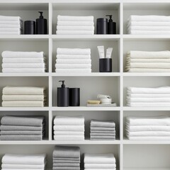 Neatly organized shelves filled with clean white towels and bathroom accessories