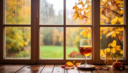 Drink with a foggy window in the background, quiet rainy autumn mood