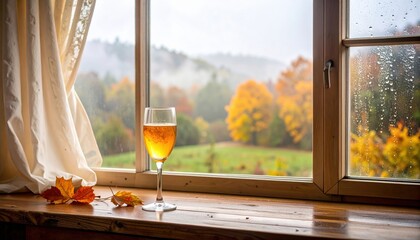 Drink with a foggy window in the background, quiet rainy autumn mood