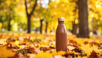  Takeaway cocoa bottle in front of an autumn city park background