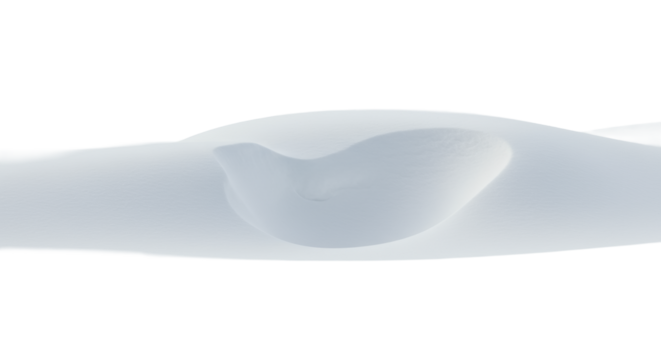 Pristine powder snow forming gentle, undulating snowdrifts with sculptural curves and crisp contours, standalone on an expansive, seamless bright white plain, captured from a high angle. Concept of