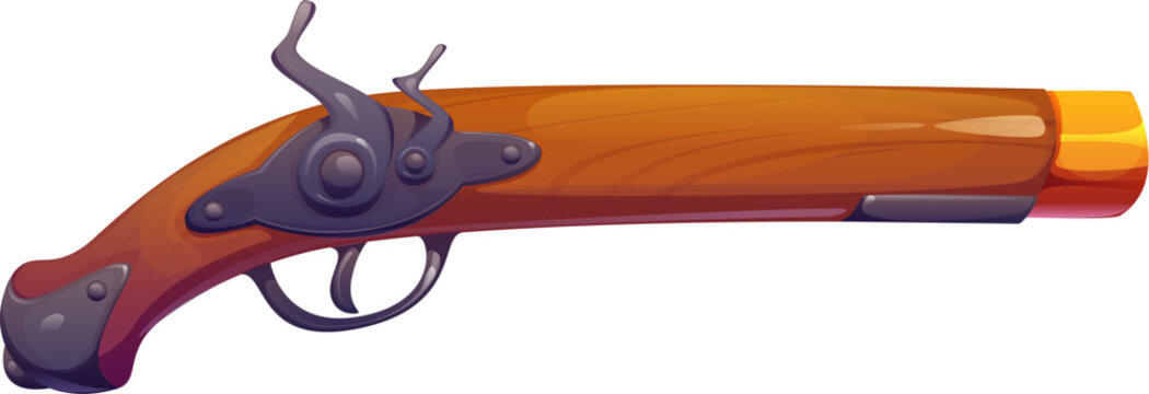 Cartoon pirate weapon, musket or pistol gun and Medieval rifle, vector icon. Caribbean pirate shooting fire weapon or musket gun, firearm or flintlock and firearm of maritime and corsair weaponry