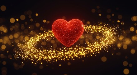 A shimmering red glitter heart floating in a magical swirl of golden particles. An abstract concept for love, romance, and celebration.