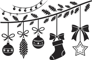 Christmas Eve Elements Set Black Silhouette for Holiday Celebration Artwork and Seasonal Design. Elegant Christmas Eve Elements Set Black Silhouette Perfect for Festive Greeting Cards and Posters