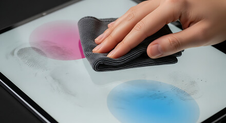A person's hand carefully wiping a digital tablet screen with a gray microfiber cloth for device maintenance and sanitation.