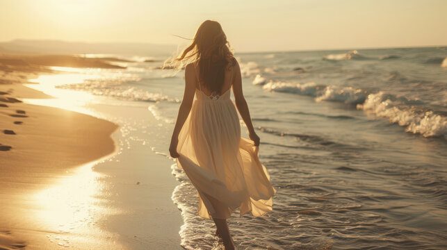 A woman in a white dress walking along the shoreline at sunset with ocean waves and golden light