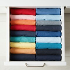 Neatly folded colorful t shirts organized in a drawer