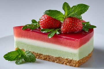 Slice of layered watermelon cake with strawberries and mint on a white plate