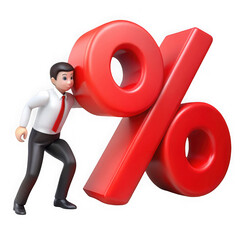 Man with large red percent sign isolated on transparent background