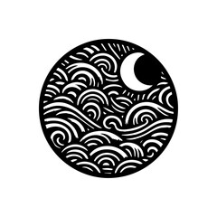 Abstract Black and White Crescent Moon Over Stylized Waves.