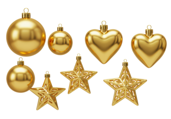 Golden christmas ornaments, polished and reflective, suspended on a seamless transparent studio background. Bright, even, shadowless lighting, 3/4 view, macro, high contrast festive holiday concept