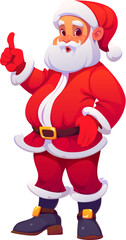 Cartoon Christmas Santa Claus character with pointing up finger gesture, exudes festive holiday cheer. Vector joyful father Noel personage in a traditional red attire, ready for Xmas eve celebration