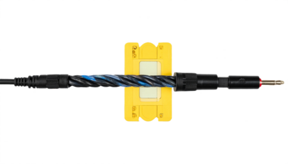 Professional audio cable with yellow holder, ready for connecting sound equipment for studio use