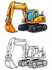 Naklejka premium Heavy Machinery Excavator Vector Illustration and Coloring Book Page