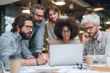 Professional diverse business team discussing ideas and strategies in open office setting with technology and collaborative workplace atmosphere