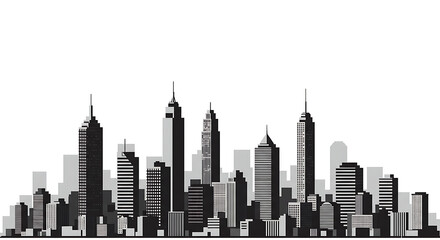 A graphic black and white city silhouette of a modern urban cityscape with many tall skyscraper buildings.