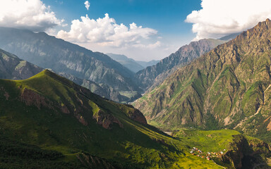 Aerial view of mountains and valley near Stepantsminda village in Georgia