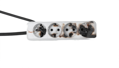 Damaged power strip with visible burn marks and electrical hazard, representing danger and risk